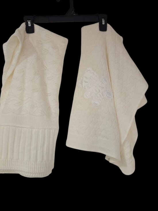 Elegant Baby Crochet Christening Shaw Blanket & Satin Bear Blanket Set Ivory - Picture 1 of 7